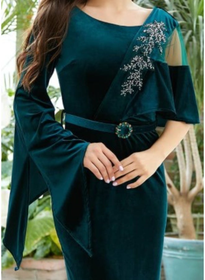 FULL JOY Maxi Velvet Dress Embroidered with sequins and Beads, with open Sleeves of varying lengths and shapes, and a Crystal-Studded Belt. - Image 3